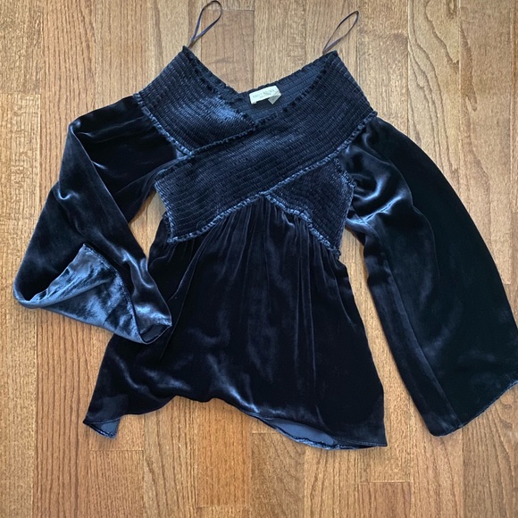 Ramy Brook off the shoulder Velvet Liza smocked navy blue Top - Picture 6 of 10